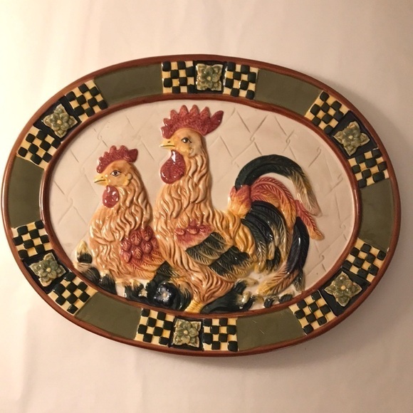 Bella Casa Ceramic platter hen&rooster green border black/white checked squares - Picture 2 of 5